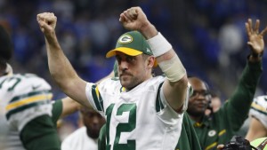 Green Bay Packers quarterback Aaron Rodgers reacts on the bench after an NFL football game against the Detroit Lions, Sunday, Jan. 1, 2017, in Detroit. The Packers defeated the Lions 31-24. (AP Photo/Paul Sancya)